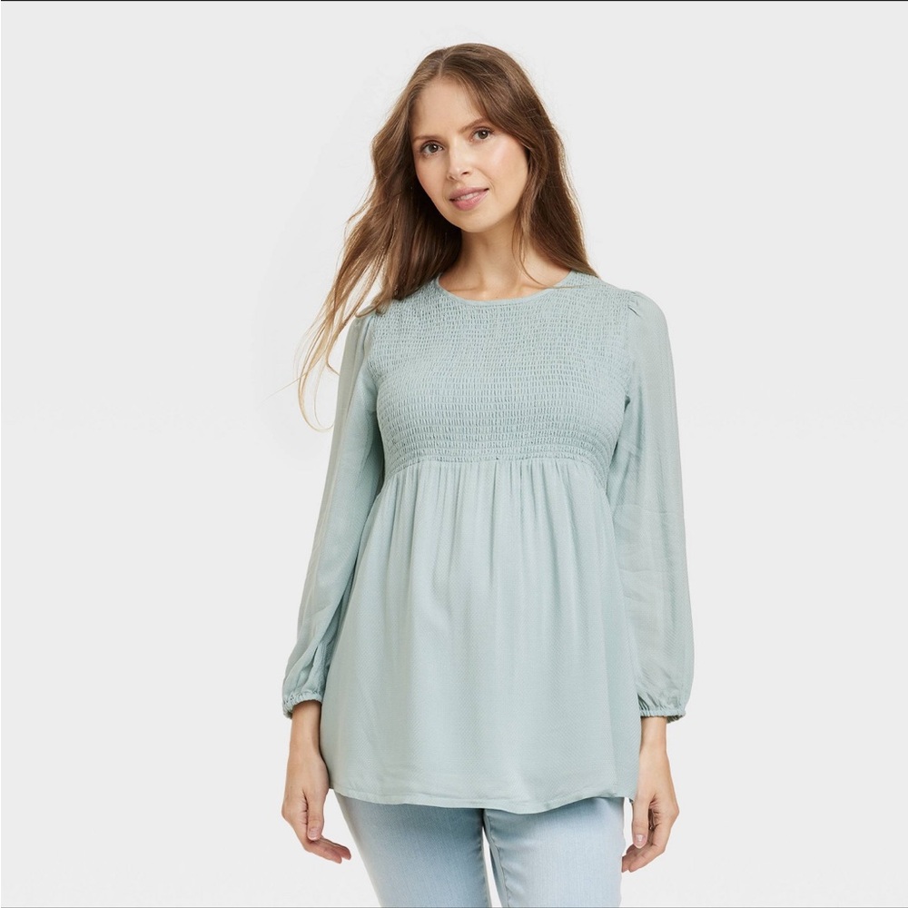 Long Sleeve Smocked Woven Maternity Shirt - Isabel Maternity by Ingrid & Isabel